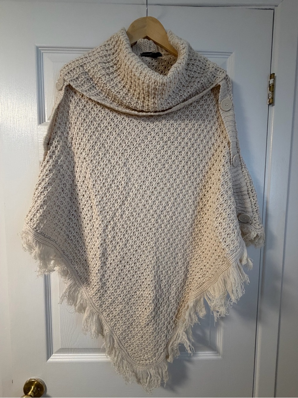 Cream Knit Fringe Poncho with Button-Shoulder - L/XL